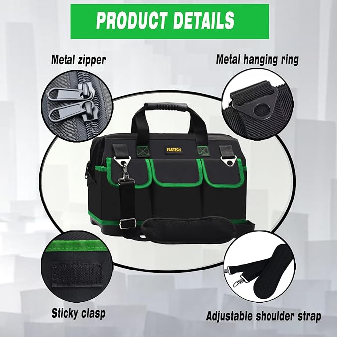 22 Inch Tool Bag With Molded Base and Comfortable Shoulder Straps, Waterproof Wide Mouth Tool Kit, Tool Storage Package For Men/Women (Green22IN)