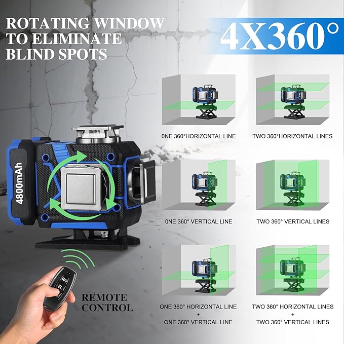 Laser Level with Tripod, AZZUNO 4x360 Laser Level 360 Self Leveling for Picture Hanging, Rotating Laser Covers Green Line Laser with 2x4800mAh Li-ion Battery, Ideal for Outdoor, Construction, Tile