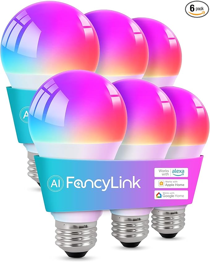 Matter Smart Light Bulbs, Color Changing Light Bulb for Halloween, hub Required,A19 60W,2.4Ghz WiFi only,Compatible with Alexa Google Assistant, Apple Home,16 Million Colors RGBCW,6 Packs