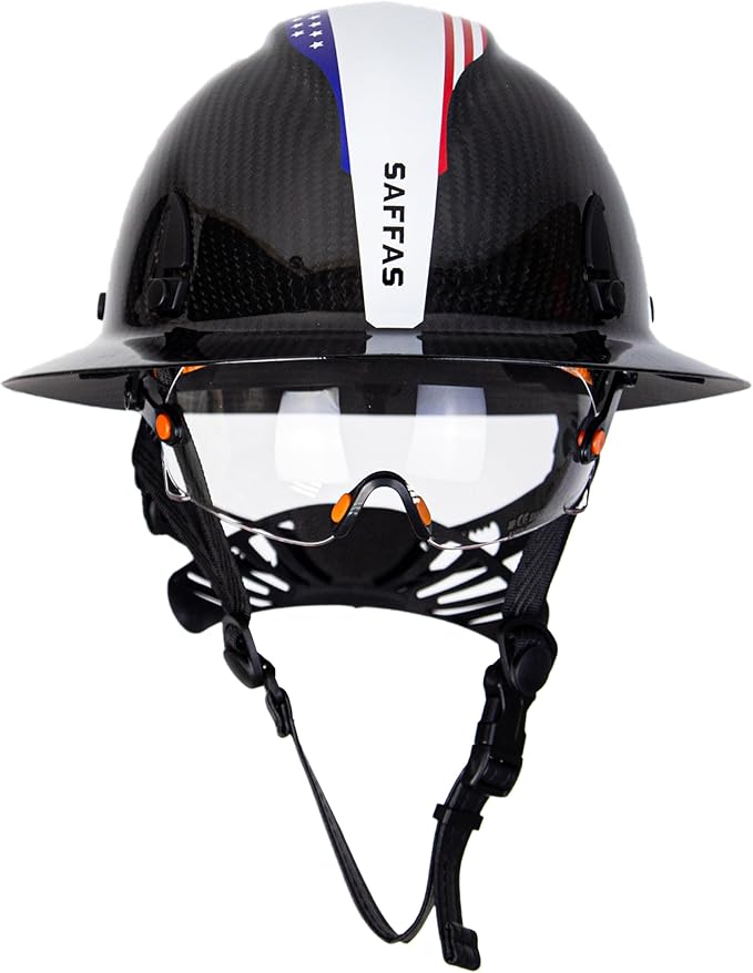 Carbon Fiber Full Brim Hard Hat Safety Helmet with Goggles and Leather Chin Strap 6-Point Suspension Adjustable Knob with Neck Protection