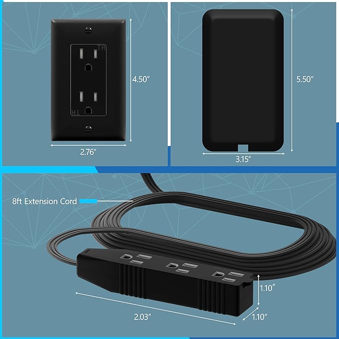LIDER Flat-Face Outlet Extender with 3 Receptacles, Ultra-Thin Wall Plate Plug with Cord Extender and 3-Outlet Power Strip, 8ft Cord, LWE8-315-BK2P, ETL-Listed, Black, 2 Pack