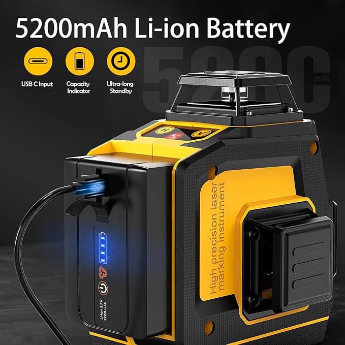 Laser Level 360 Self Leveling, SAVSEC 3 x 360 3D Stepless Dimming(Up to 37H) Green Line Laser, Cross Line Laser Leveler Tool for Construction and Picture Hanging, Rechargeable Battery