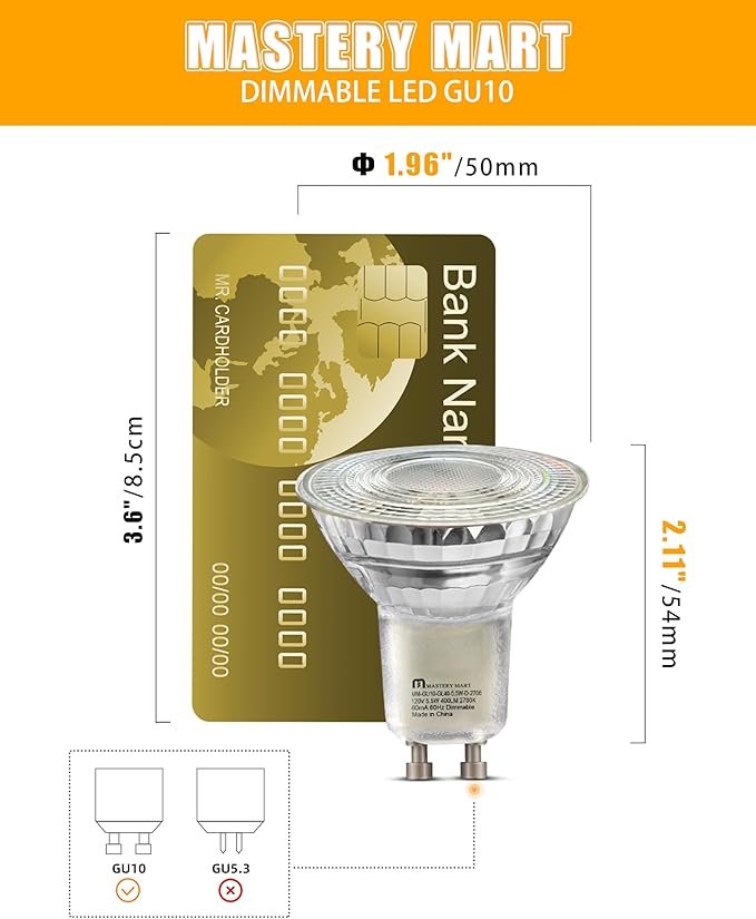 MASTERY MART 36 Pack GU10 LED Light Bulbs, 50W Halogen Equivalent, 5.5W Dimmable, MR16 Spot Flood Light Replacement for Recessed Track Lighting, 2700K Soft White