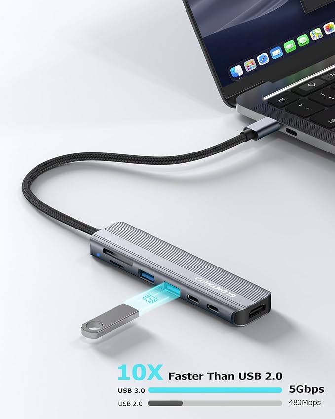 USB C Hub Multiport Adapter for Laptop MacBook Air/Pro, Multiple Ports Dongle Dock with 4K HDMI, 100W PD, 2xUSB-A 3.0, USB-C Data Port, SD/TF Card Reader