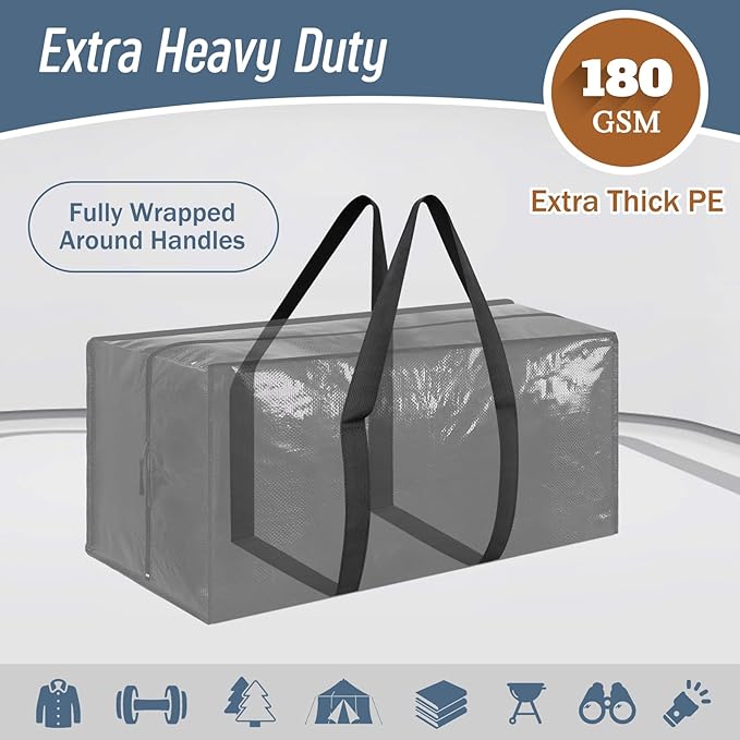 6 Pack Extra Heavy Duty Large Moving Bags with Strong Zipper & Comfortable Handles, Sturdy & Durable Clothes Storage Bags Totes Bins, Packing Moving Boxes for College Supplies, Black