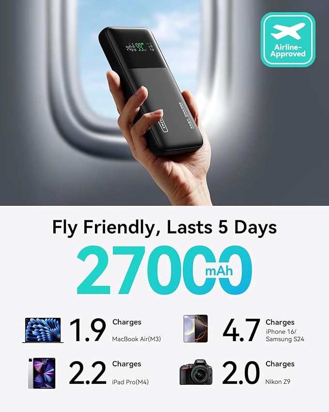 INIU 140W Power Bank, 27000mAh High Capacity Laptop Portable Charger, USB C in&Out Tablet Powerbank, Digital Display Phone Charger, Travel Charger Compatible with iPhone 16, iPad, MacBook, Laptop etc.