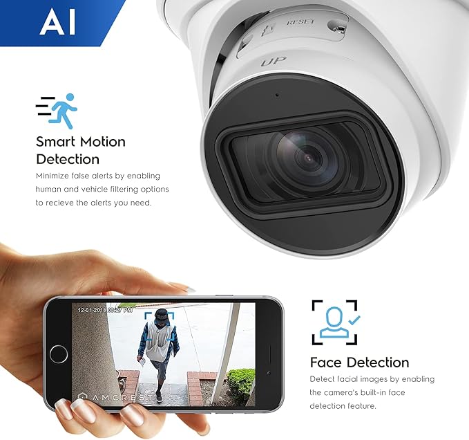 Amcrest 4K Optical Zoom AI IP PoE Camera, Varifocal 8MP Outdoor IP POE AI Camera Turret, Face Detection, Human/Vehicle Detection, 2.7mm~13.5mm Lens, IP67, 5X Optical Zoom (IP8M-VT2879EW-AI)