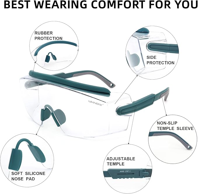 UKNOW Safety Goggles Over Glasses, Anti Fog Safety Glasses with Clear Wraparound Lens, ANSI Z87.1 Protective Eyewear