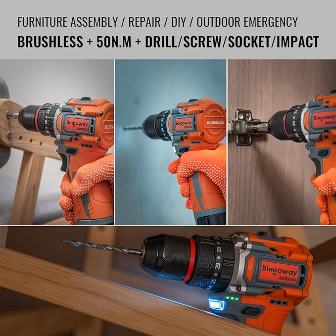 50N.m Brushless Cordless Drill, 4-Function Electric Drill with 36 pcs Accessories, Keyless Metal Chuck, 35 Torque Adjustment, 2pcs Batteries, 2 Speed, Screwdriver, Wrench, Impact Gun For Housework