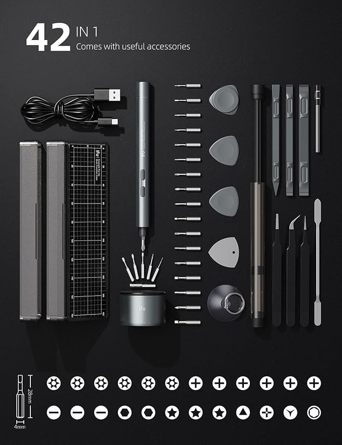 iFu Mini Electric Screwdriver, 42-in-1 Precision Screwdriver Set, Cordless, Magnetic Storage, 5/32''Hex, For Electronics Phone Camera Laptop Watch - Grey