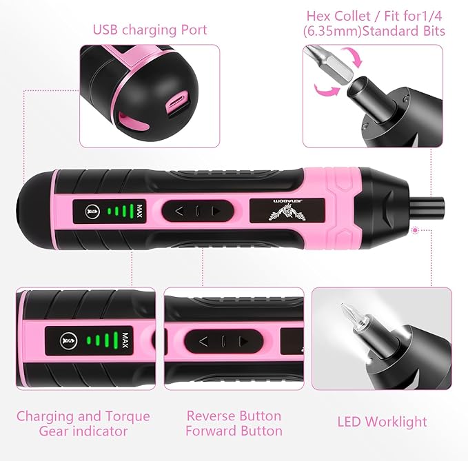 Electric Screwdriver Pink, 3.6V Rechargeable Cordless Screwdriver, 5N.m Max Torque, 4-Gear Torque, LED Light, 105 Pcs, Ideal for Women Daily & Light Industrial Use
