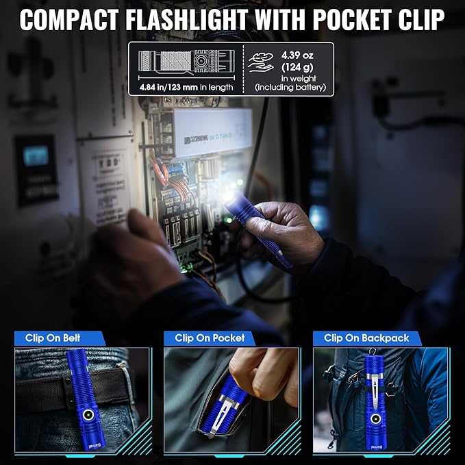 Rechargeable Tactical Flashlights, High Lumens Small Mini USB-C LED Flashlight, Compact EDC Flash Light, 4 Modes&Memory Function, Waterproof Pocket Lights for Home,Camping,Emergency (2, Blue)