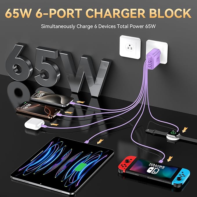 USB C Charger Block, 65W USBC Wall Charging Blocks 6-Port PD & QC Power Adapter Multiport Type C Fast Chargers Plug Cube Brick for iPhone 16/15/14/13/12/Pro Max,iPad Pro,Samsung Galaxy S25 Purple
