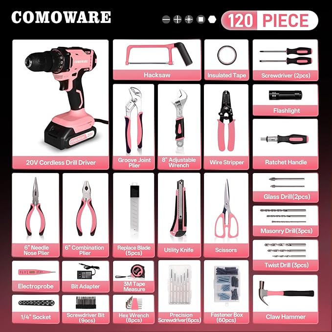 COMOWARE Pink Tool Box with 20V Drill, 120 Pcs Pink Tool Set, Tool Kit for Home, Pink Drill Set for Women, Power Tool Combo Kits with 2.0 Ah Li-ion Battery & Charger, 25+1 Clutch