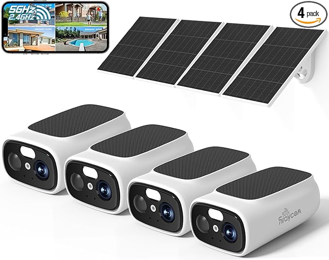 Rraycom 2.5K Solar Security Cameras Wireless Outdoor, 2.4/5Ghz WiFi Battery Solar Powered Security Camera System,Forever Power,Color Night Vision,AI Detection, 2 Way Audio,Spotlight,No Monthly Fee