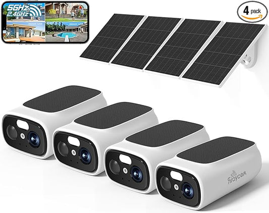 Rraycom 2.5K Solar Security Cameras Wireless Outdoor, 2.4/5Ghz WiFi Battery Solar Powered Security Camera System,Forever Power,Color Night Vision,AI Detection, 2 Way Audio,Spotlight,No Monthly Fee