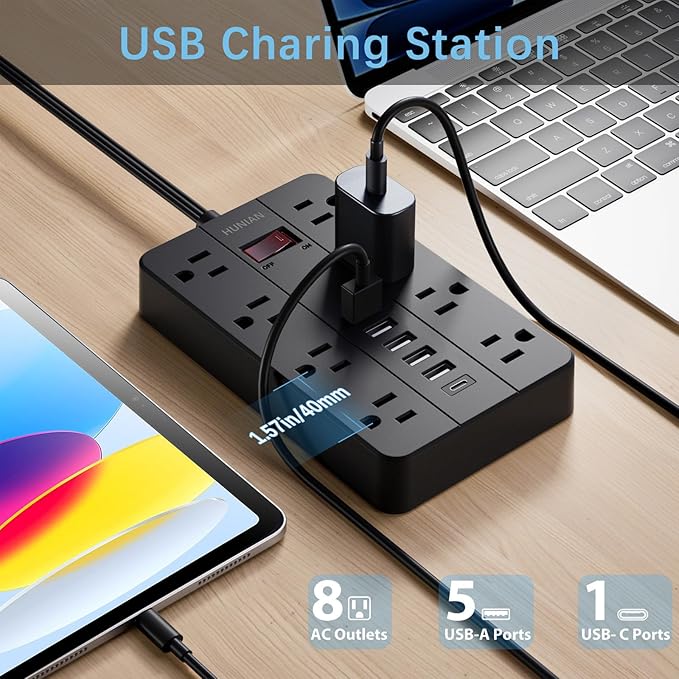 Power Strip with USB Ports, HUNIAN 5 Ft Extension Cord Flat Plug with 8 Outlets, 6 USB Charger(1 USB C Port), Indoor Desk Charging Station Surge Protector for Home and Office Accessories, Black