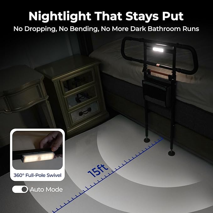 C5 Pro Bed Rails for Elderly Adults Safety - Foldable Bed Assist Rail with Adjustable Height, Bed Cane with Non-Slip Wider Handrail, Motion Sensor Light Fits King Queen Twin Beds, Supports 350 LBS