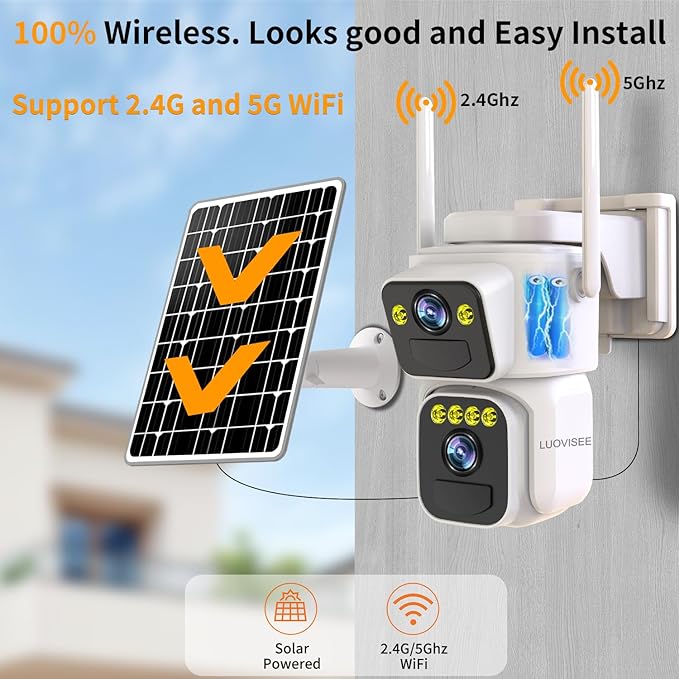 Dual Lens Outside Cameras for Home Security Cameras 4 Pack,2.4G & 5G WiFi,Solar Battery Powered Camera with AI Motion Siren,SD/Free Cloud Storage,No Monthly Fee,Color Night Vidion,Waterproof