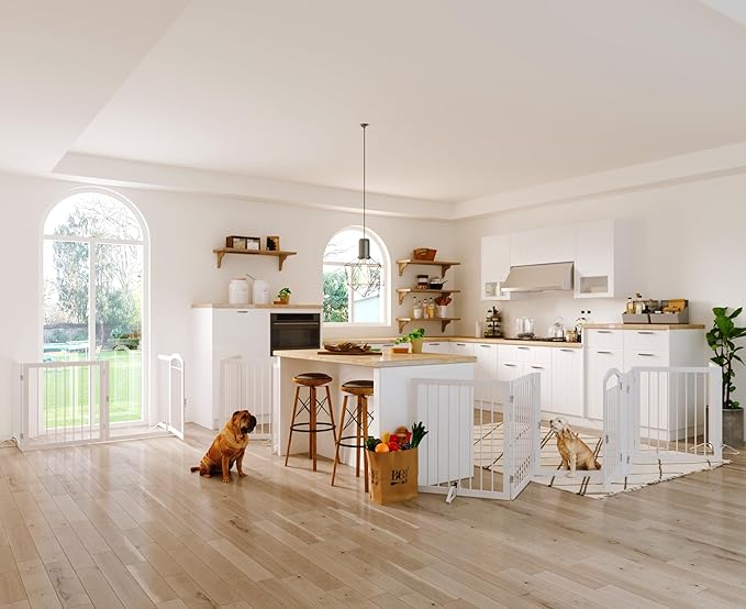 JSB 144-inch Extra Wide 30-inch Tall Dog gate with Door Walk Through, Freestanding Round Tube Pet Gate for Halls Stairs, Puppy Safety Dog Fence with 2PCS Support Feet (White)