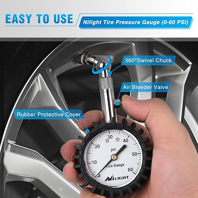 Nilight Tire Pressure Gauge 60PSI Heavy Duty Stainless Steel Air Chucks ANSI B40.1 Certified Large 2" Dial Wheel Service Checker for Truck Semi Truck ATV Motorhome Cars & RV Accessories