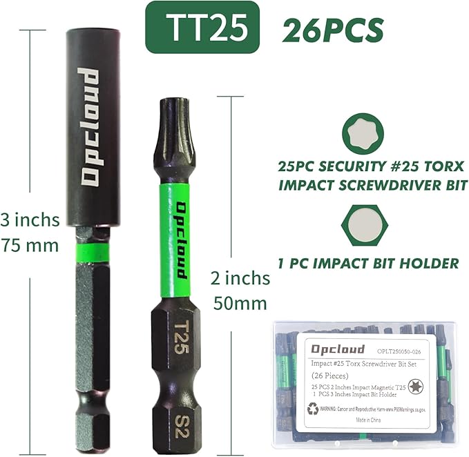 T25 Impact Screwdriver Bit Set, 26 Pieces 2”S2 Steel Magnetic Security #25 Torx Tips Driver Power Bit Set with Extension Impact Bit Holder