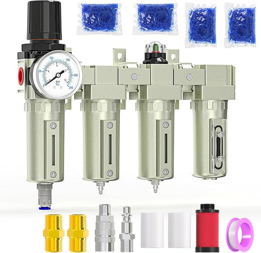 3/4" NPT Heavy Duty Industrial Grade 4 Stage Air Drying System,Auto Drain,Coalescing Filter,Double Particulate Filter,Desiccant Dryer and Air Regulator For Plasma Cutter and Paint Spray