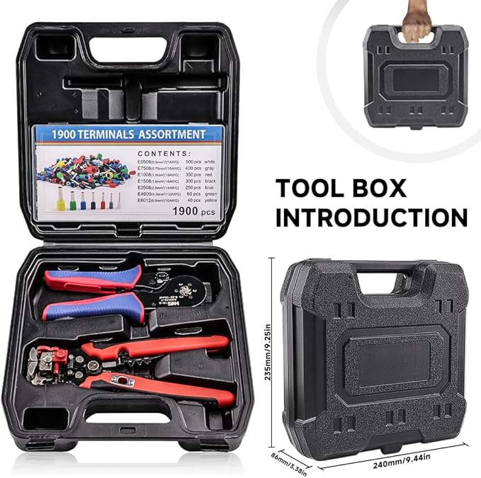 HKS Ferrule Crimping Tool Kit - Hexagonal Ferrule Crimper Plier (AWG 23-7) with Muti-use Wire Stripper & 1900Pcs Wire End-Sleeves Terminals Kit in Box