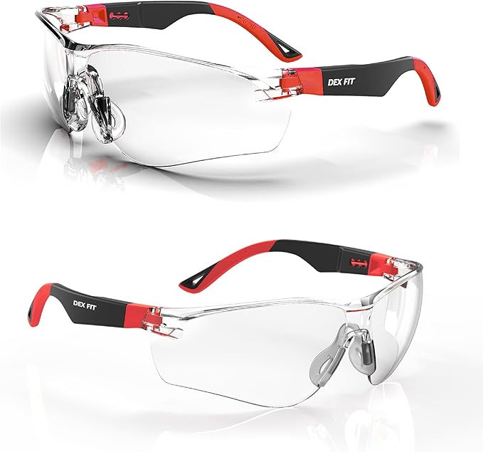 DEX FIT Safety Glasses SG210, Z87 Eye Protection, Anti-Fog & Scratch Resistant, Adjustable for Women and Men, UV Protection (Black & Red Frame, Clear Lens)