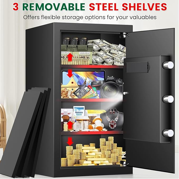 5.3 Cuft Safes for Home Use Fire and Water proof, Anti-Theft Large Lock Box, Fire Safe Box With Digital Keypad & 3 Removable Shelves and Led Light, Money Safes for Home Documents Valuables