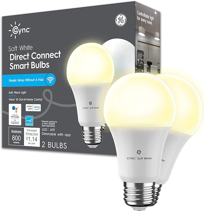 GE CYNC A19 Smart LED Light Bulbs, Soft White, Bluetooth and WiFi Light Bulbs, 60W Equivalent, Work with Amazon Alexa and Google Home, 2 Count (Pack of 1)