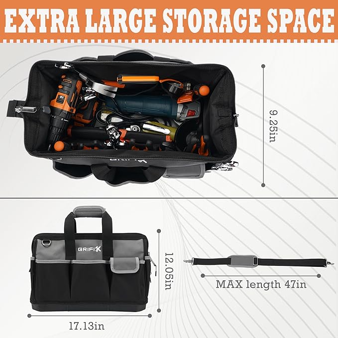 17-inch Tool Bag, Tool Box Organizer Storage, Wide Mouth Tool Tote Bag with Large Zipper, 17-Pocket Portable Adjustable Shoulder Strap and Ergonomic Handle (17" Molded Base)