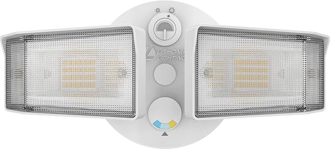 Lithonia Lighting HGX LED 2SH ALO SWW2 120 PE WH M2 HomeGuard LED Outdoor Security Floodlight, Adjustable Light Output, Switchable CCT, Photocell, 2-Lights, White