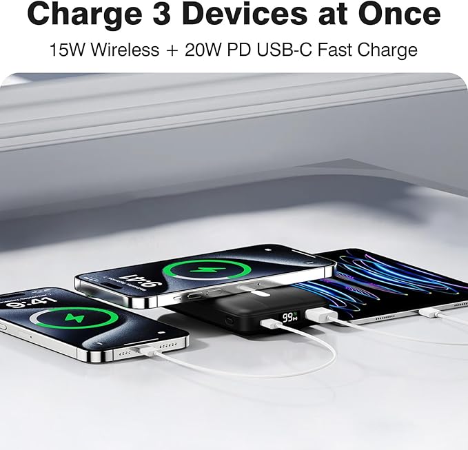 Azmuth Wireless Portable Charger with Stand, Slim 10000mAh Magnetic Power Bank for Magsafe, 22.5W Fast Charging Battery Pack Compatible with iPhone 16/15/14/13/12 Series