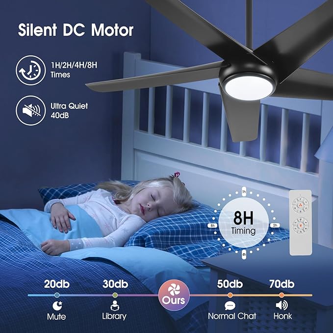 KINDLOV 52 inch Ceiling Fans with Lights and Remote,Outdoor Ceiling Fan with Light,6 Speeds,3CCT,Black Modern Ceiling Fan for Bedroom,Patio,Living Room,Indoor/Outdoor Use
