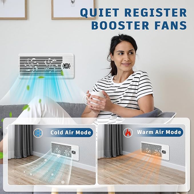 Register Booster Fan for 4" x 10" Register Holes, Smart AC Vent Booster Fans Improves Heating & Cooling with Remote and Thermostat Control,10-Speed Quiet Vents Fan for Floor Ceiling