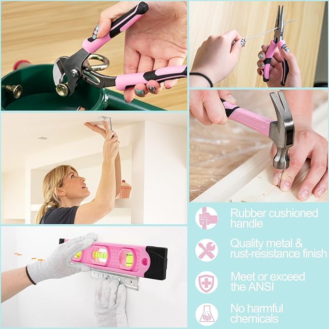 269-Piece Home Tool Set, General Household Repairing Tool Kit with Storage Bag, Basic Hand Tool Kit Set for Home Maintenance, DIY and Crafts(Pink)