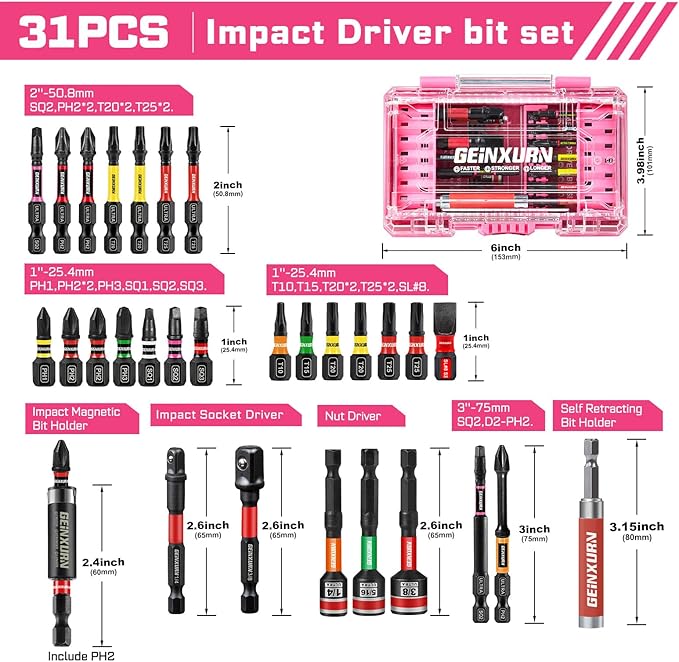 31Pieces Impact Screwdriver Bits Set, Magnetic S2 Steel 1”/2”/3” Phillips/Square/Torx Bits Tips,Impact Bit Holder and Nut Driver with Pink Storage Box Case