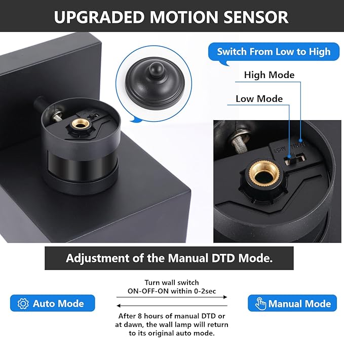 Motion Sensor Outdoor Wall Lanterns 2 Packs, Dusk to Dawn Exterior Light Fixture, 3 Lighting Modes, Waterproof Front Porch Lights for Garage Patio Garden House Entryway, Black.