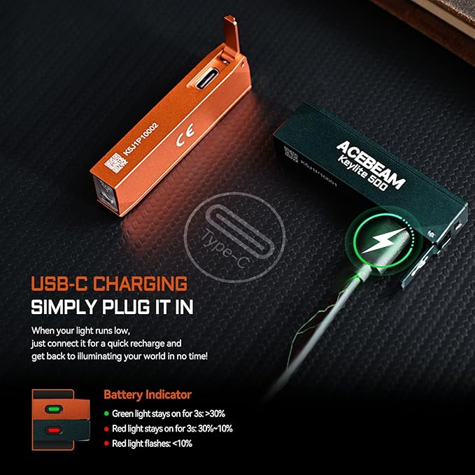 ACEBEAM Keylite 500 High Lumens Keychain Flashlight Rechargeable, Ultra-Compact Flat Pocket EDC Flashlight with Dual LEDs, 6 Modes, Type-C Charging, Small MINI Flash Light for Emergency, Home, Outdoor