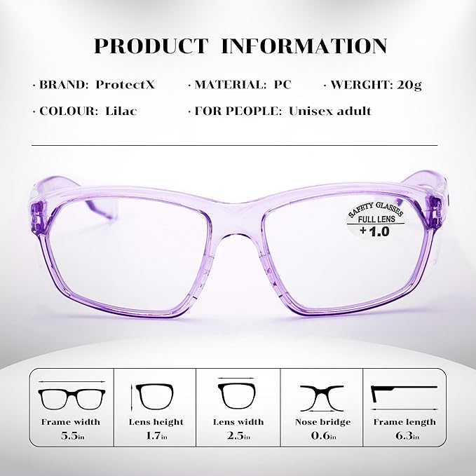ProtectX Stylish Anti-Fog & Scratch-Resistant Safety Glasses With Readers, UV Protection Goggles, Anti-Impact Lightweight Glasses for Men＆Women Lilac Reading 1.0-2 Pack