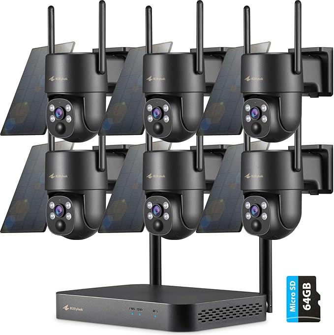 Kittyhok Black Solar Security Cameras Wireless Outdoor System, 5G/2.4G WiFi, 6pcs 2K Ultra Pan/Tilt Home Solar Security Camera with Human Detection, Spotlight, 10CH WiFi-6 NVR, 60 Days Local Storage