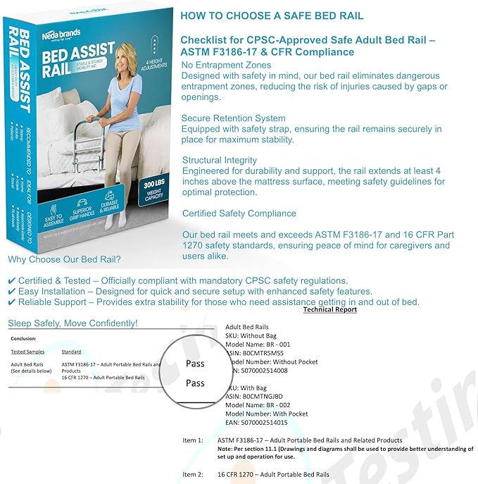 NEDA Adjustable Bed Rails for Elderly Adults – Medical Bed Assist Handle, Safety Support Rail for Seniors, Bedside Rail for All Bed Sizes ASTM F3186-17 & 16 CFR 1270 CPSC Certified