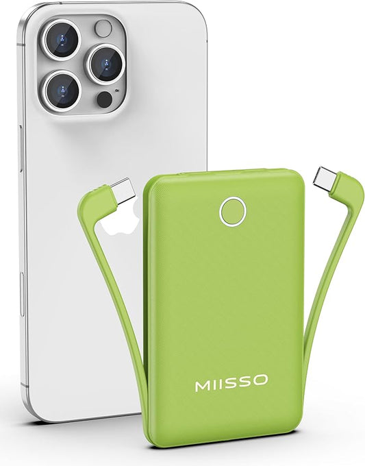 miisso 10000mAh Slim Portable Charger with Built in Cable, Power Bank Travel Charger External Battery Pack for Phone, 3 Output USB Type C Cord Clutch Charger Compatible with iPhone, Green