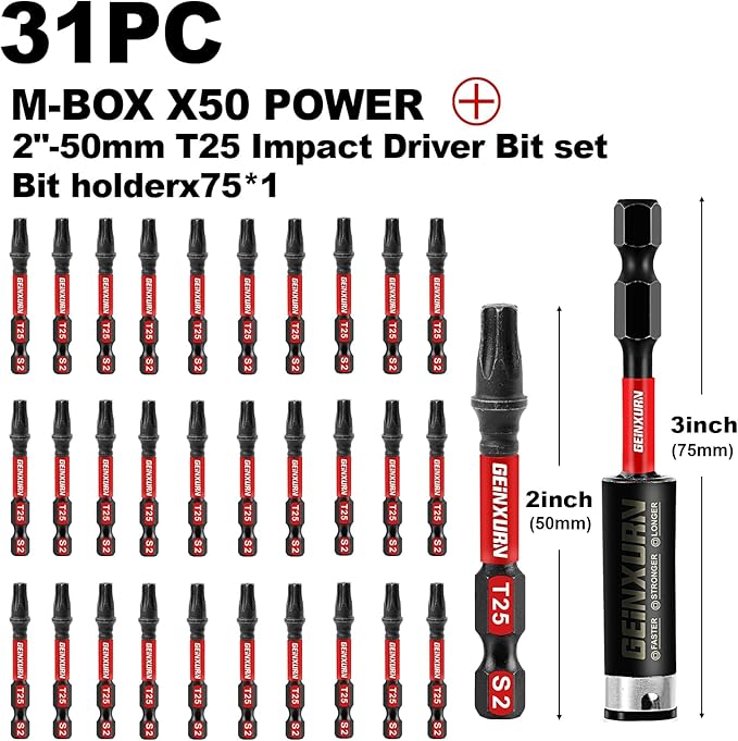 30 Pieces 2 In. T25 Impact Tough Magnetic Screwdriver Bit Set, #25 Torx Head Power Bits, S2 Alloy Steel Star Bits with 1 Pc Impact Bit Holder and Storage M-Box