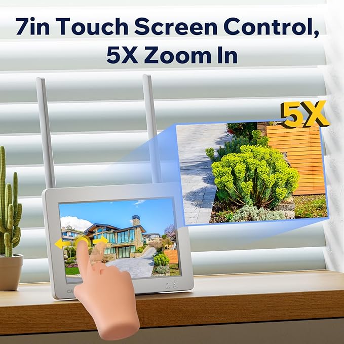 Camcamp Wireless Security Camera System with 7" Monitor, 3MP PTZ Outdoor Security Cameras, Plug-in-Play, 4CH NVR 32GB, No Monthly Fee, 24/7 Record, Color Night Vision, 2-Way Talk for Outside Indoor