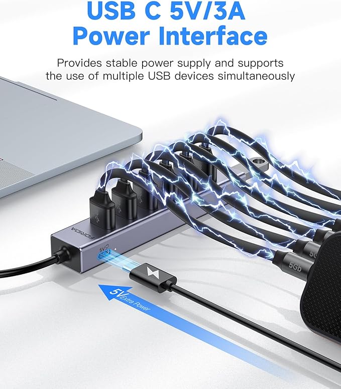 FORIDA USB C Hub, 8 Ports USBC HUB with 7 USB 3.0 Data Ports, Aluminum Alloy Shell USBC Splitter with USB C 5V/3A Power Port Compatible with MacBook, iPad, Surface Pro, XPS, PC and More