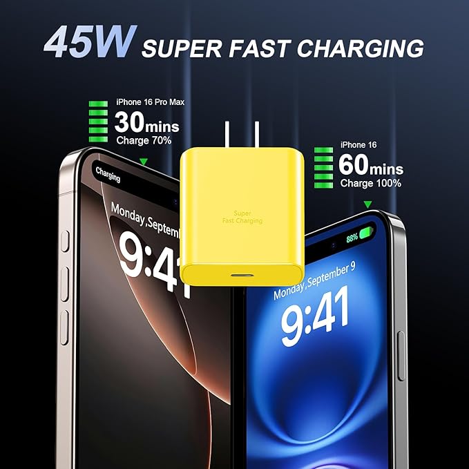 Phone 16 Pro Max Charger, 45W USB C Fast Charging Block With 10ft Long Type C Cable for Phone 16/15 Series, Pro/Plus Models - Yellow