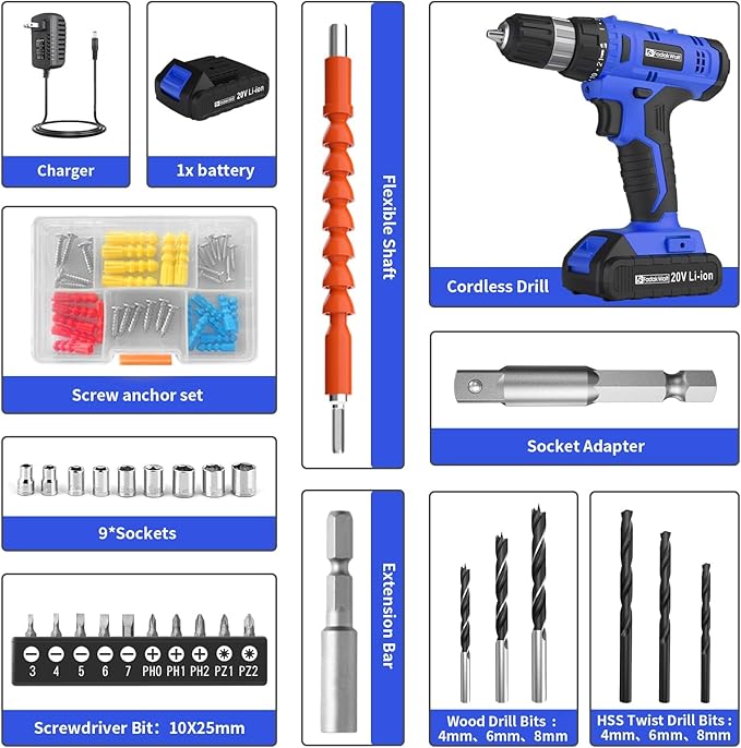 20V Electric Drill Set with Battery and Charger, 30N Torque, 21+1 Settings, 3/8-Inch Keyless Chuck, LED Electric Drill Set (Blue)