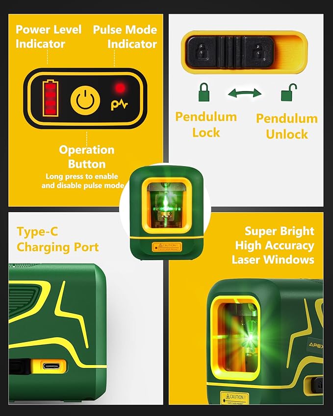 APEXFORGE X1C Cross Line Laser Level, with Rechargeable Battery, 100ft Green Beam, Self-Leveling, Vertical and Horizontal Line, Pulse Mode, 360° Magnetic Pivoting Base